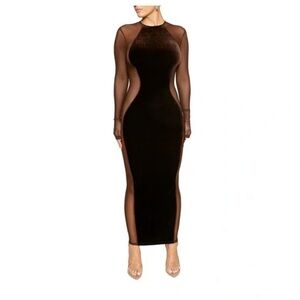 Naked Wardrobe long-sleeve brown Velvet dress sheer sides women’s small New